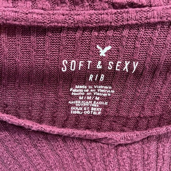 American Eagle Outfitters Ribbed Long Sleeve off the shoulder top- Burgundy - Picture 2 of 2